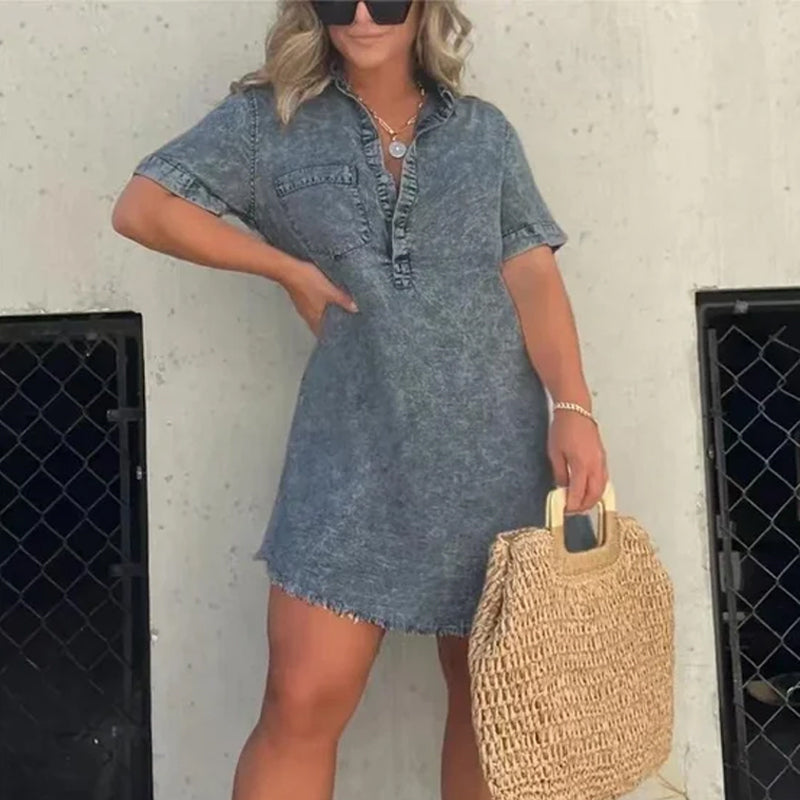 Denim Skirt Dress with Fringed Hem