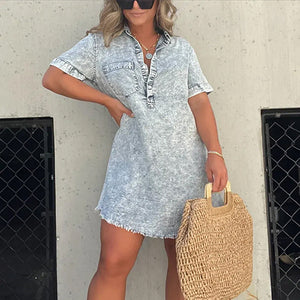 Denim Skirt Dress with Fringed Hem