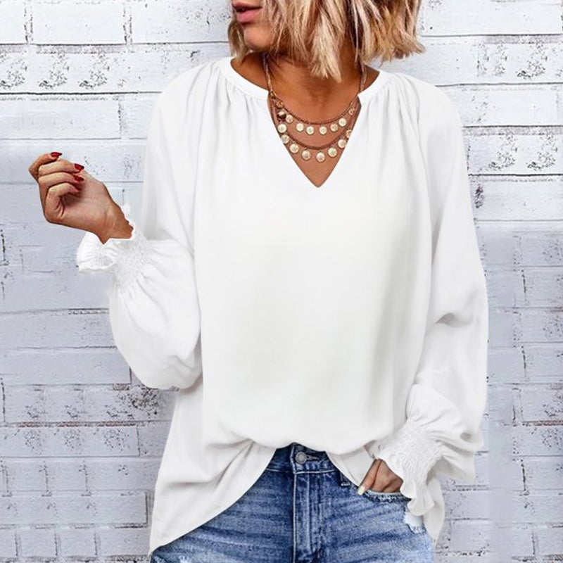 V-neck Solid Color Long-sleeved Casual Chiffon Shirt