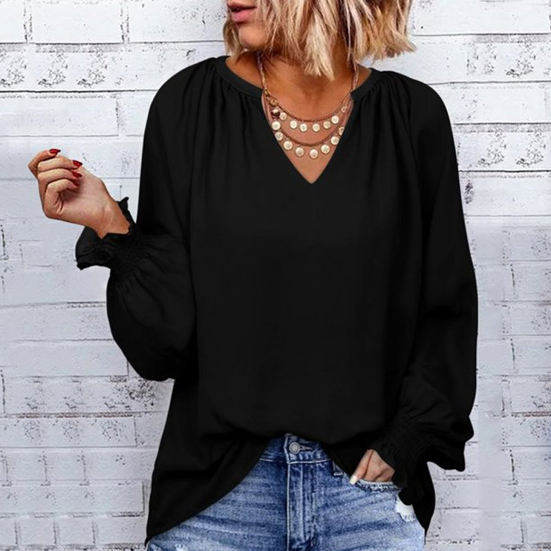 V-neck Solid Color Long-sleeved Casual Chiffon Shirt