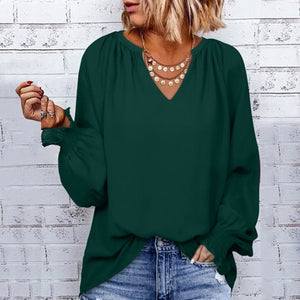 V-neck Solid Color Long-sleeved Casual Chiffon Shirt