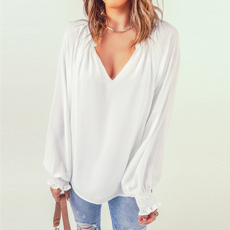 V-neck Solid Color Long-sleeved Casual Chiffon Shirt