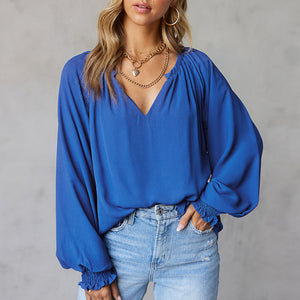 V-neck Solid Color Long-sleeved Casual Chiffon Shirt