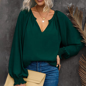 V-neck Solid Color Long-sleeved Casual Chiffon Shirt