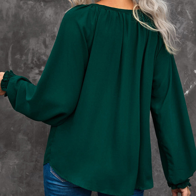 V-neck Solid Color Long-sleeved Casual Chiffon Shirt