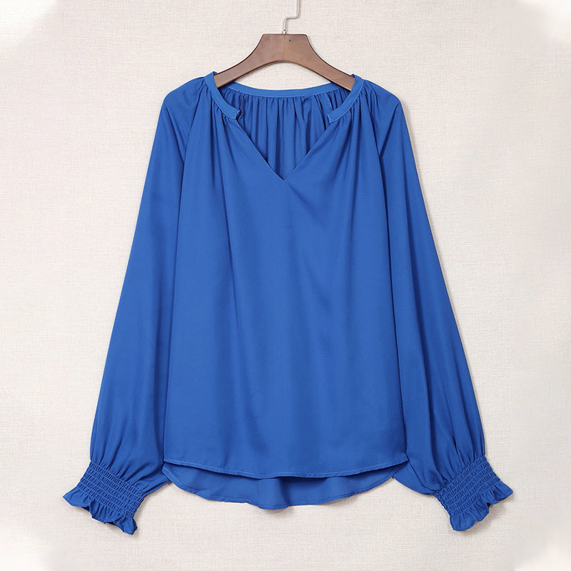 V-neck Solid Color Long-sleeved Casual Chiffon Shirt