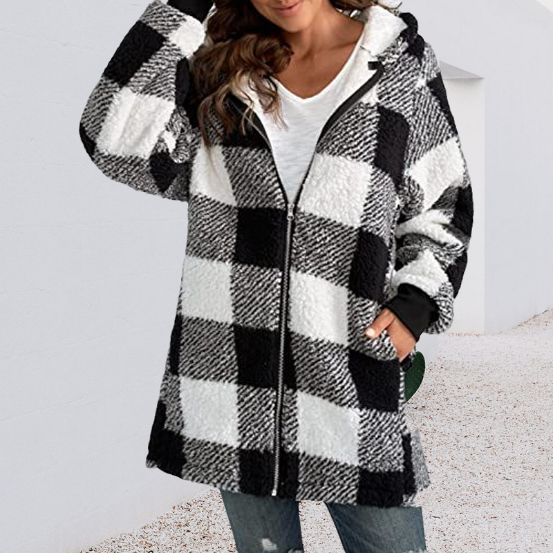 Women Oversized Hoodie Plaid Loose Overcoat