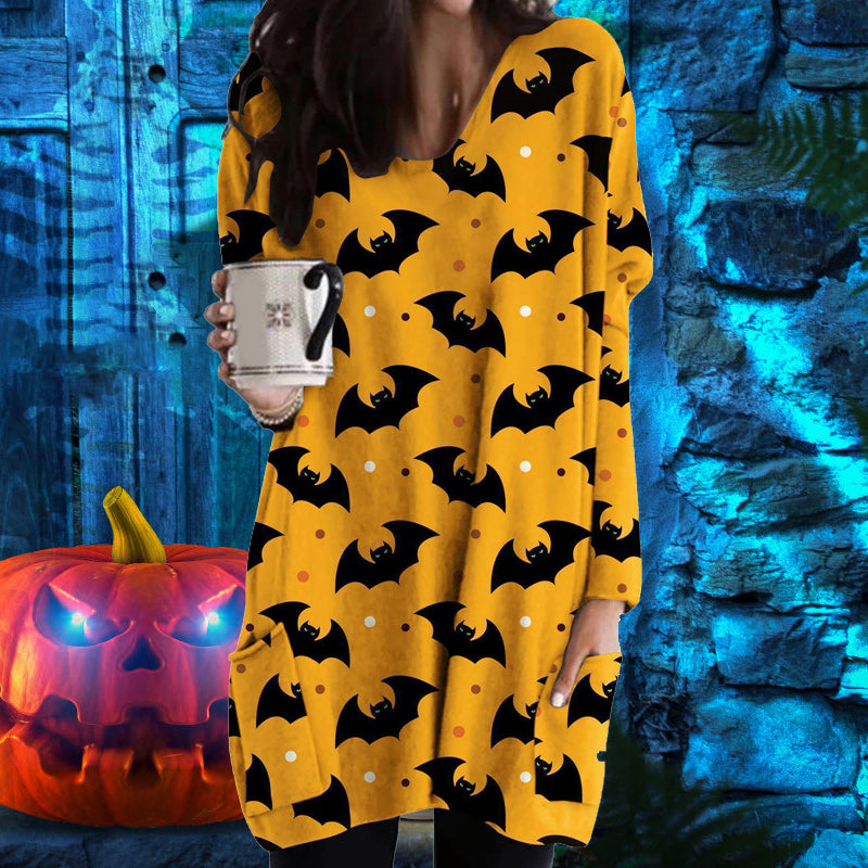 Halloween Cat Pumpkin Long Sleeve Dress