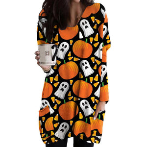 Halloween Cat Pumpkin Long Sleeve Dress