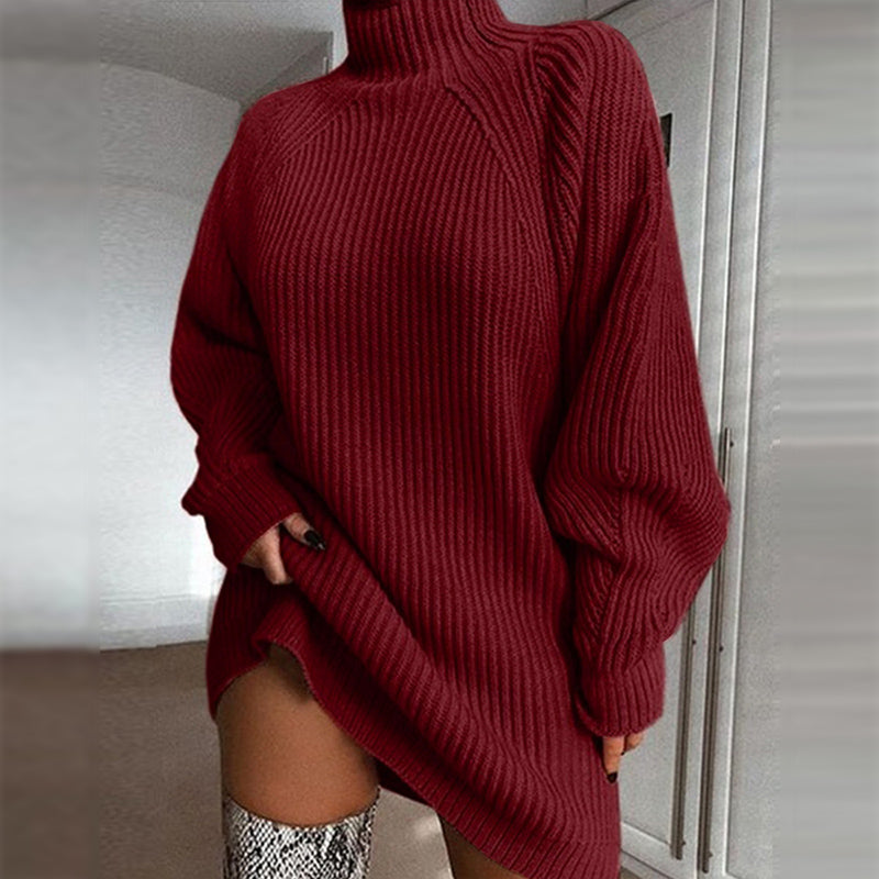 Cotton Turtleneck Raglan Sleeve Sweater Dress