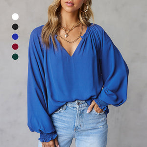 V-neck Solid Color Long-sleeved Casual Chiffon Shirt