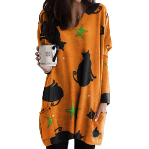 Halloween Cat Pumpkin Long Sleeve Dress