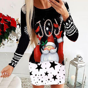 Long Sleeve Round Neck Pullover Christmas Print Sexy Pack Hip Dress