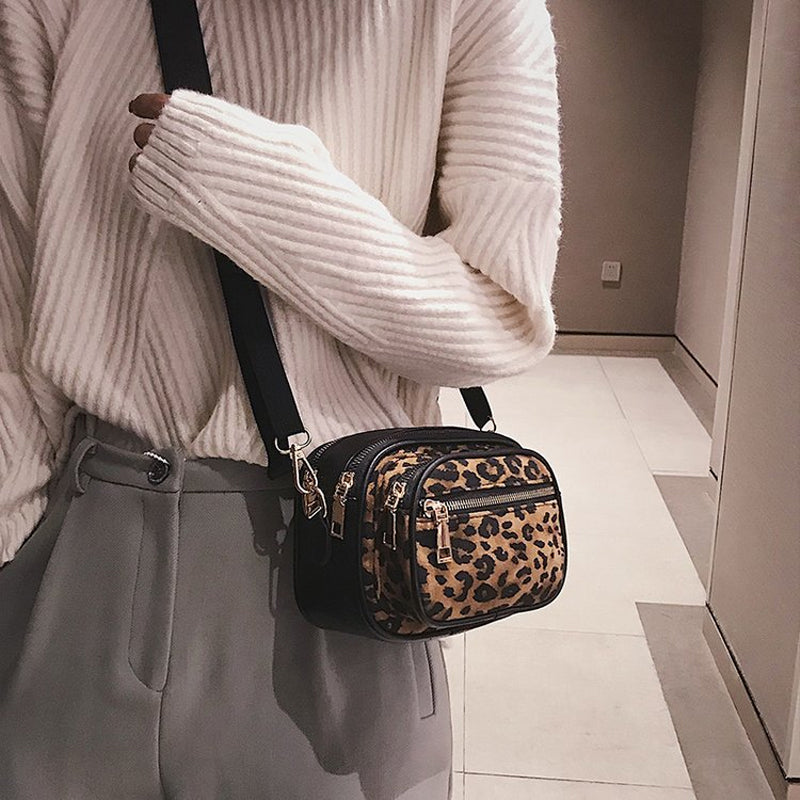 Leopard Print Multi-Layer Zipper Crossbody Bag