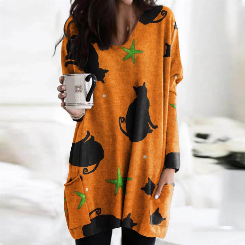 Halloween Cat Pumpkin Long Sleeve Dress