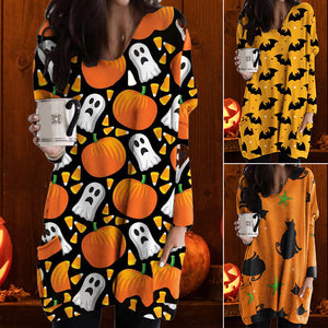 Halloween Cat Pumpkin Long Sleeve Dress