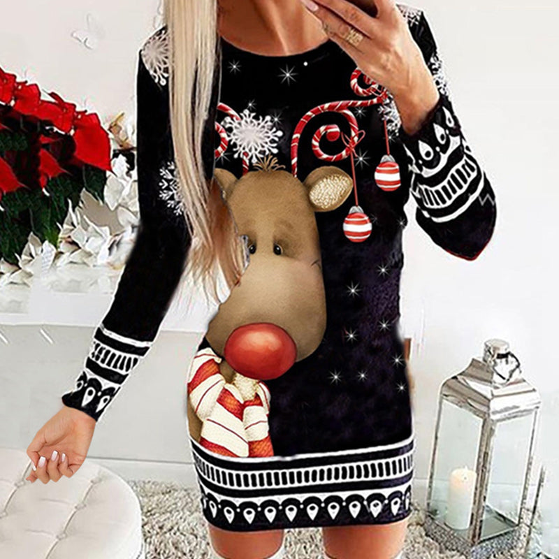 Long Sleeve Round Neck Pullover Christmas Print Sexy Pack Hip Dress