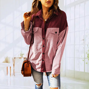 Ladies Fashion Casual Colorblock Loose Lapel Shirt Jacket