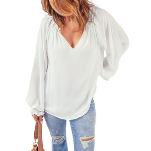 V-neck Solid Color Long-sleeved Casual Chiffon Shirt